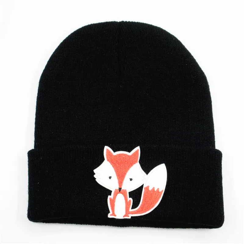 Cartoon Fox Embroidery Cotton Thicken Knitted Hat Winter Warm Hat Skullies Cap Beanie Hat for Men and Women 125