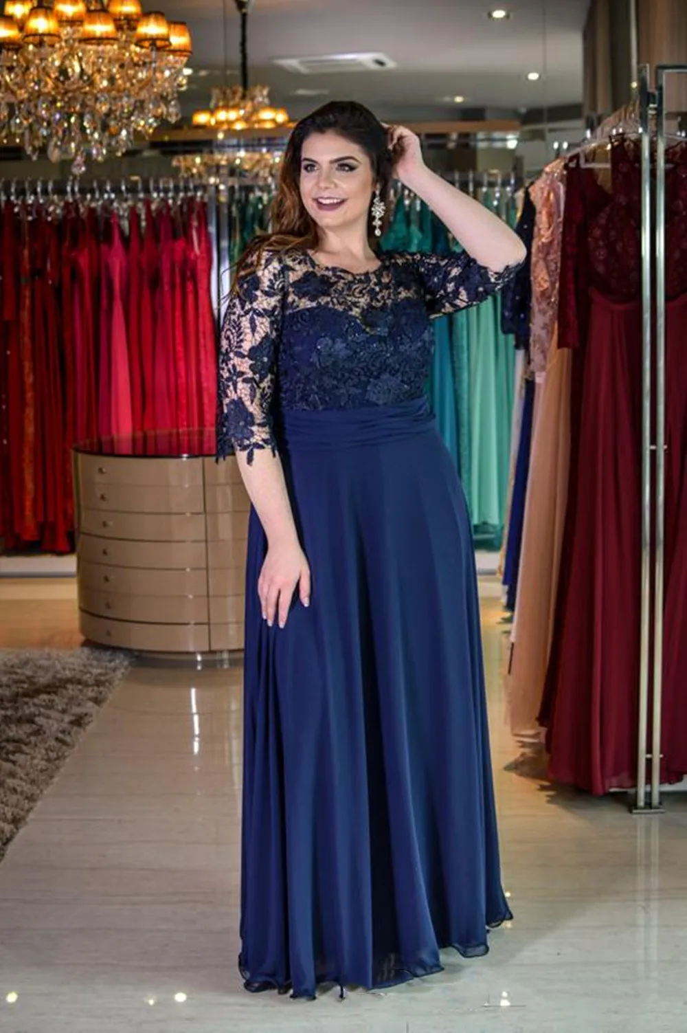 Vestidos de Noche Dark Blue Lace Sheer Neck Prom Abendkleider Halbarm EINE Linie Perlen Bodenlangen Party robe soirée femme