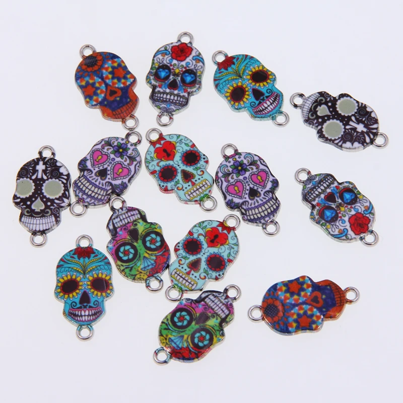 6pcs  Silver Color Enamel Flower Skull Connector for The Jewelry Earrings Accessories Findings DIY 14*26*2mm wholesale