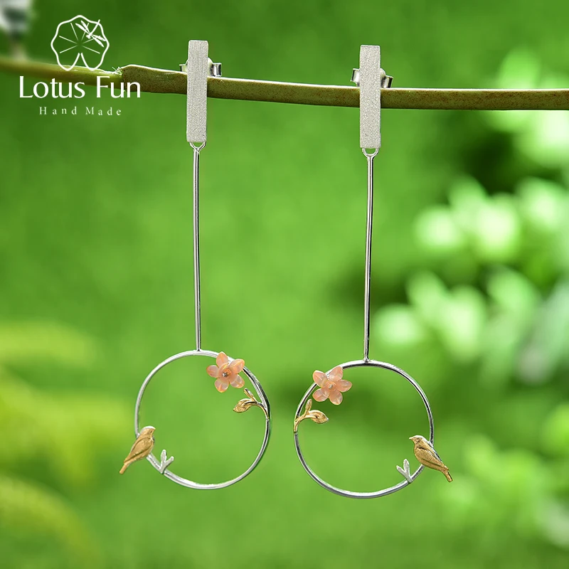 Lotus Fun Exquisite Bird in a Jungle Dangle Earrings Real 925 Sterling Silver Long Earrings for Women Gift Handmade Fine Jewelry