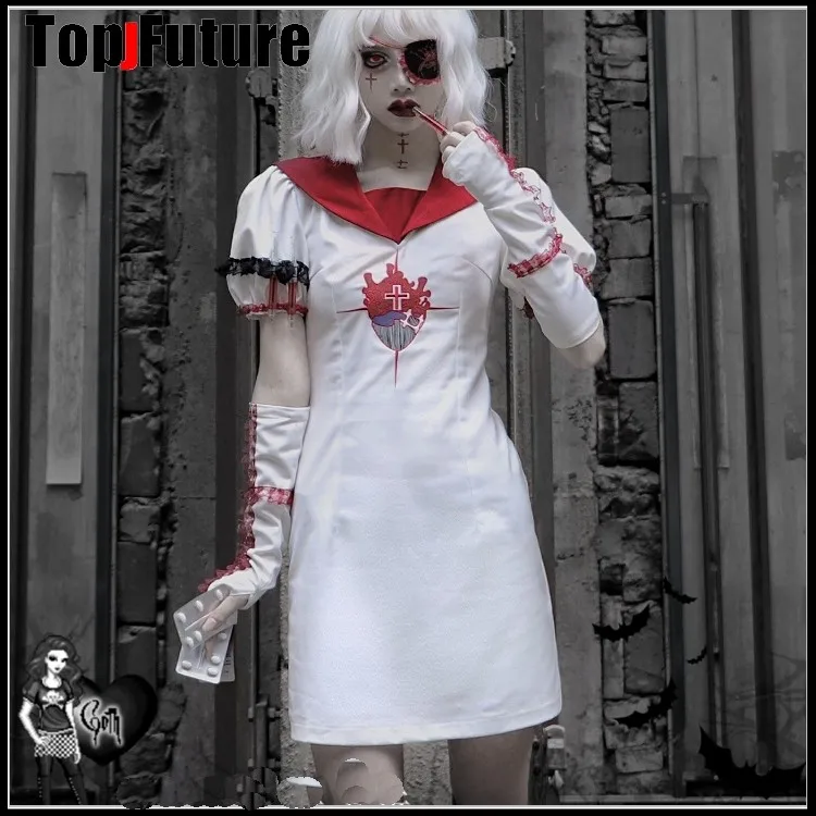 Costume gothique Lolita cosplay pour femmes, tenue d'été pour fille assoiffée de sang, robe de marin brodée foncée JK