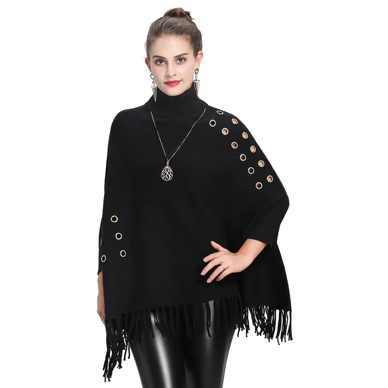 4 Colors High Neck Streetwear Tassel Poncho Autumn Knitted Long Batwing Sleeves Korean Hollow Out Button Sweater Women Pullovers