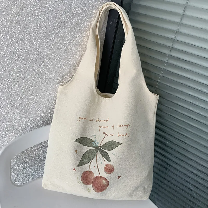 Literature Cherry Print Tote Open Shopping Bag for Lady Canvas Shoulder Bag Women Students Cotton Cloth Eco Shopper Bag