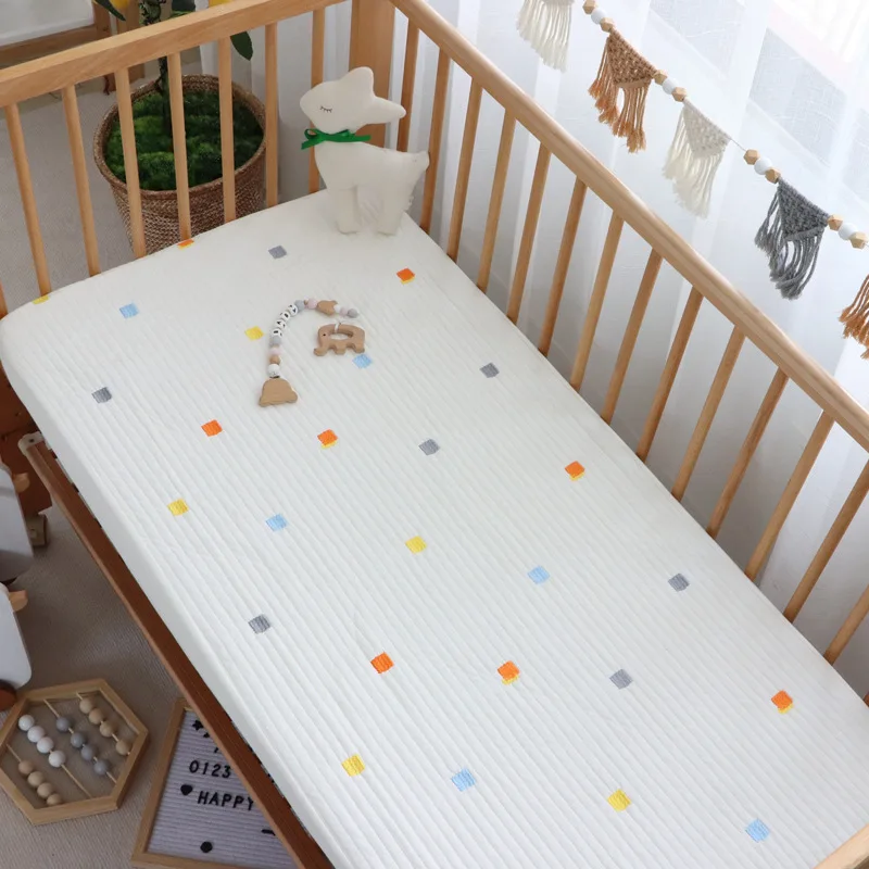 Imagen 5: Sábana bajera elástica acolchada de algodón coreano con bordado de estrellas y cereza, limón, oso, sábanas para cuna de bebé, ropa de cama, funda de colchón