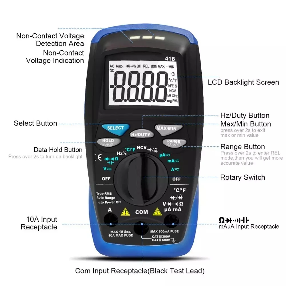 Holdpeak 41B 6000 Counts Voltmeter Ammeter for AC DC Volt &Current, Capacitance,Temp and Diode Tester Electrical Tester with