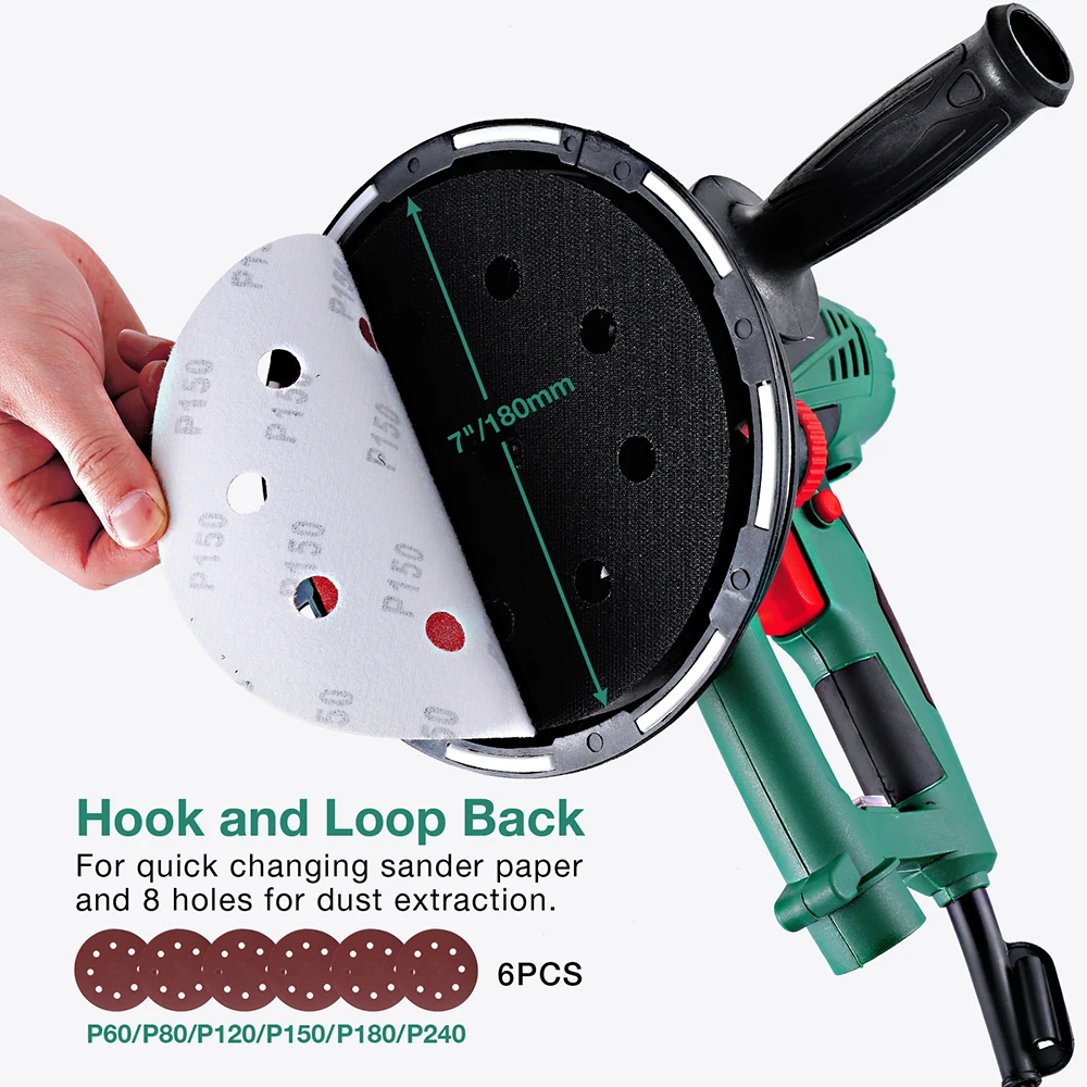 750W 180mm Dry Wall Sander Vacuum Wall Polisher Variable Speed Handheld 6pcs Sanding Machine Dust Hose Sanding Paper LED Light