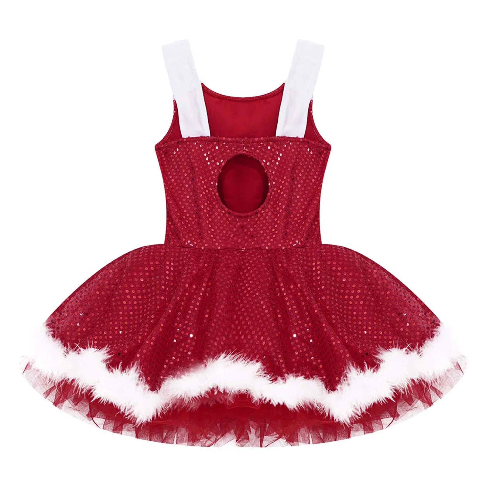 Kids Girls Sequins Keyhole Back Ballet Dance Tutu Dress Leotard Christmas Mrs Santa Claus Stage Performance Costume Dancewear