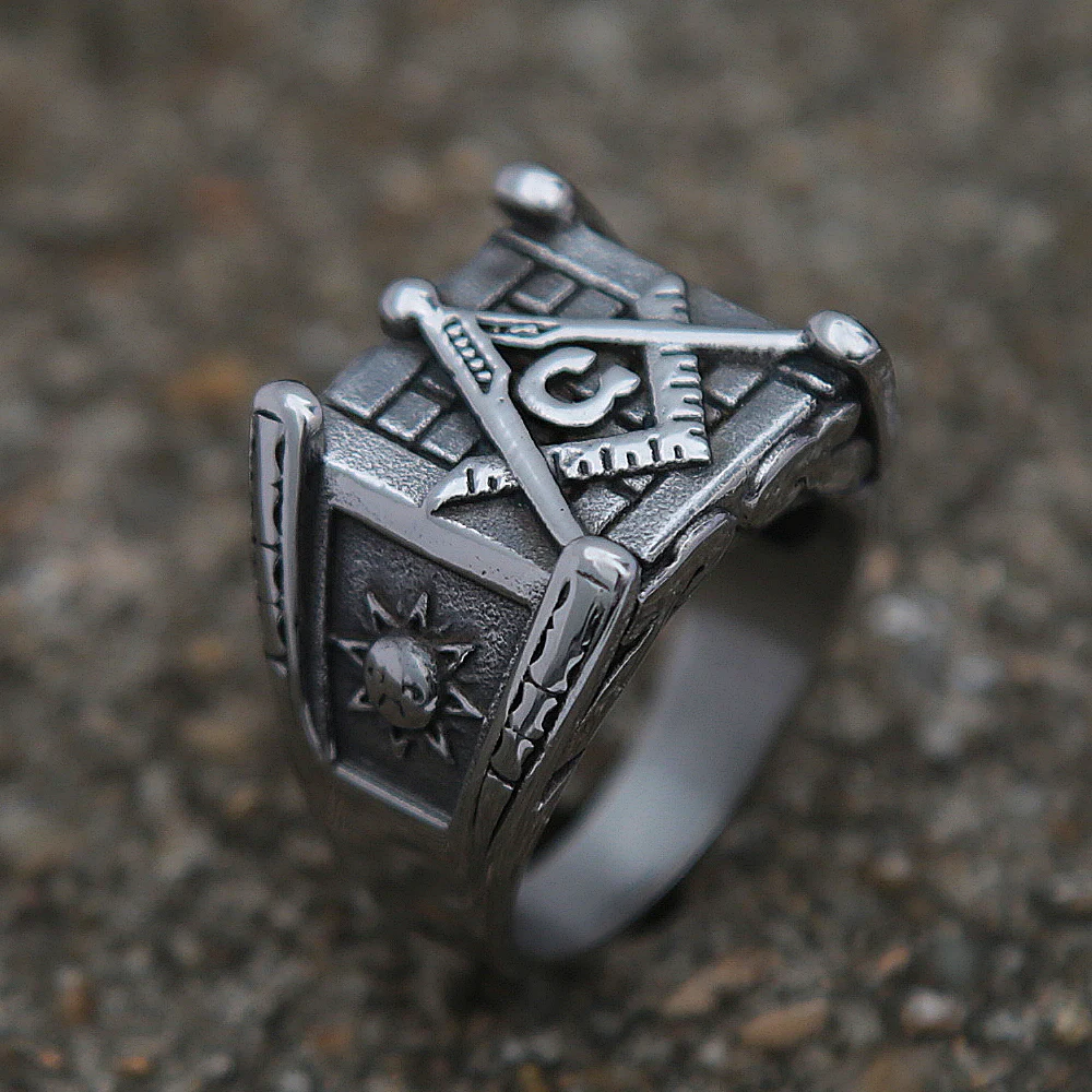 Vintage Masonic Letter Ring Classic Moon and Sun Stamp Stainless Steel Biker Ring For Men Punk Amulet Jewelry Gift Wholesale