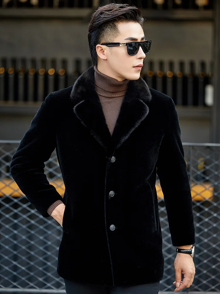 

Shearling Mens Long Type Slim Fit Mink Collar Black Wool Winter Fur Lamb Coat Cashmere