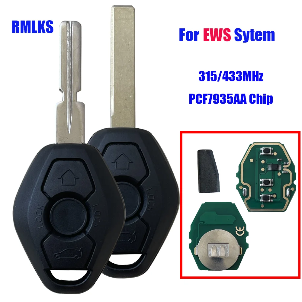 Clé télécommande à 3 boutons, 315/433MHz, pour BMW E38, E39, E46, EWS, système ID44, puce PCF7935, lame non coupée, FCC ID: LX8, FZV