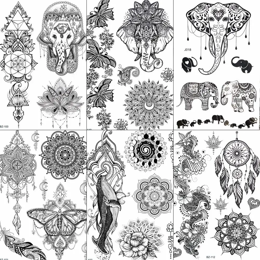 FANRUI Ganesha Elephant Black Henna Temporary Tattoo Sticker Mehndi Hamsa Hand  Fake Tatoo Waterproof Body Art Arm Tattoo DIY