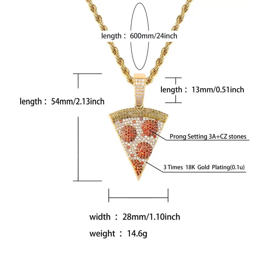 TOPGRILLZ Iced Out Pizza Pendant&Necklace Copper Gold Silver Color Micro Paved Cubic Zircon Hip Hop Jewelry Gift For Men