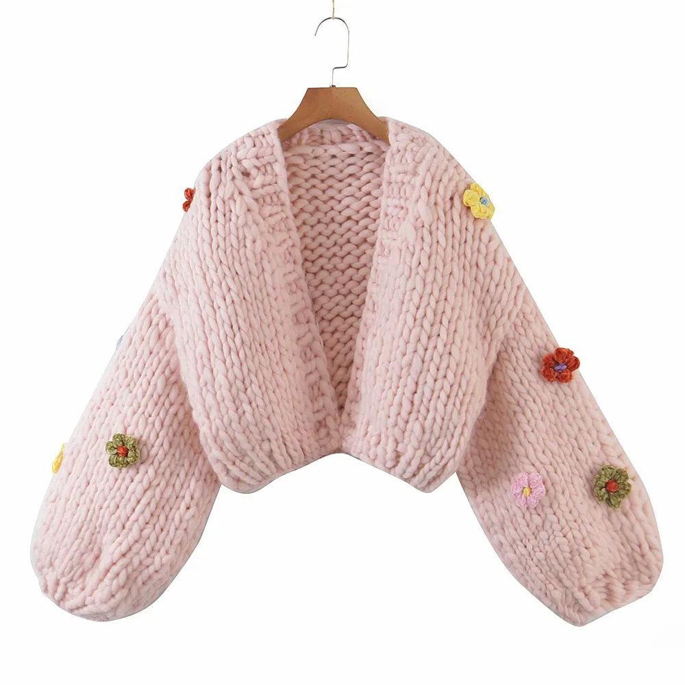 XIKOM 2021 Women Handmade Flowers Sweater Short Coat Vintage Lantern Sleeve Thick Knit Cardigan Female Autumn Winter Outwear