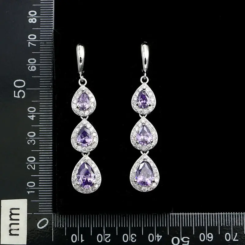 Water Drop 925 Sterling Silver Earrings for Women Purple Cubic Zirconia White Crystal Long Earrings