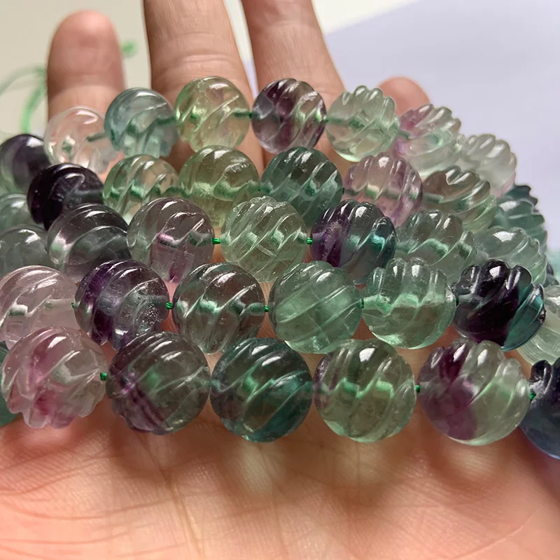 8-14mm Natural Fluorite Stone Beads Round Carved Wave DIY Loose Beads For Jewelry Making Beads Women Bracelets Necklace Gift