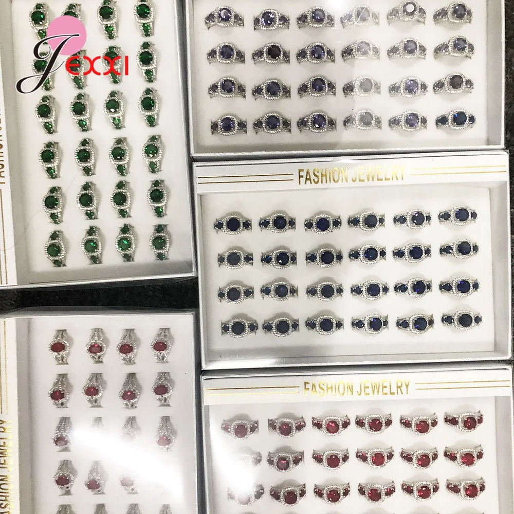 Anillos de plata de ley 925 y Circonia cúbica brillante, anillos de colores llamativos variados, 24 piezas, precio al por mayor/al por menor