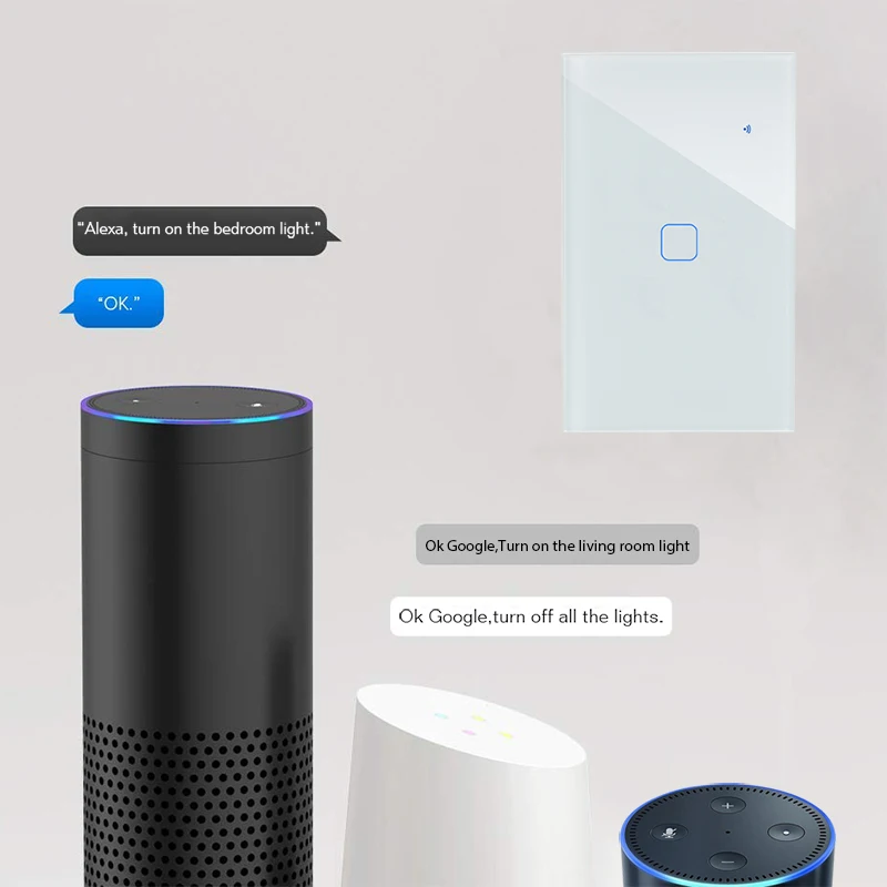 Interruptor inteligente wi-fi, tela de vidro, painel de toque, controle por voz, sem fio, de parede, funciona com alexa, google home, 1/2/3/4 gang