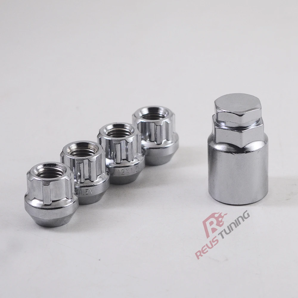 4nuts+1Key M12 1.5 1.25 Spline Type 22mm Steel Car Alloy Wheel Rim Locking Nuts Lock Lug Nut