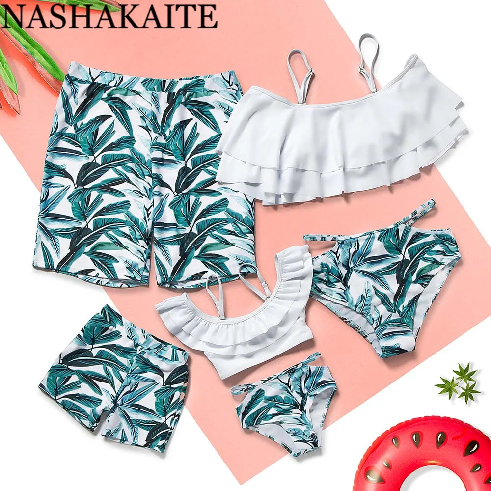 NASHAKAITE Family Matching Swimwear 2021 Tropical Leaf High Waist Swimsuit Mother Daughter Family Look Mommy and me Swimsuit