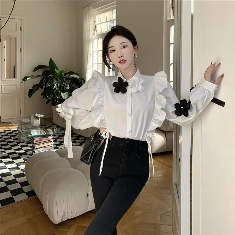 Women Blouse 2022 Spring New Korean Sweet Solid Lace Turn-down Collar Full Chiffon Casual Shirts All-match Small Fresh