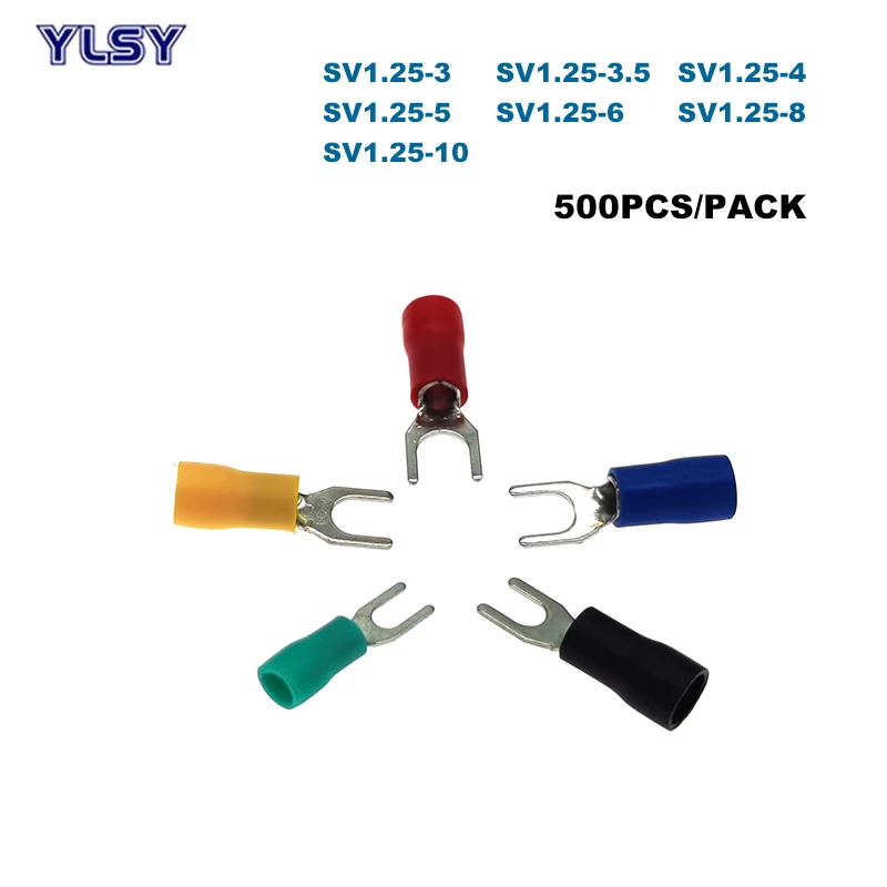 500Pcs Spade Insulated Crimp Terminals Electric Wire Cable Connector SV1.25-3/4/5/6/8/10 Furcate Ferrules 22-16AWG 0.5-1.5mm2