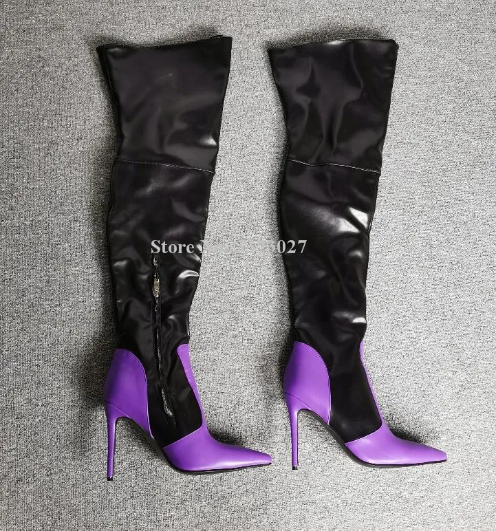 

New Purple Black Leather Women Long Boots Fashion Pointed Toe Mixed Color Real Photos Over the Knee Thigh High Boots Lady Winter