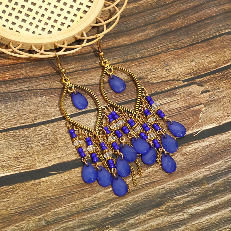 Bohemian Antik Gold Farbe Lange Wasser Tropfen Quaste Ohrringe für Frauen Vintage Bunte Geometrische Tropfen Baumeln Ohrringe Schmuck – Detail 11