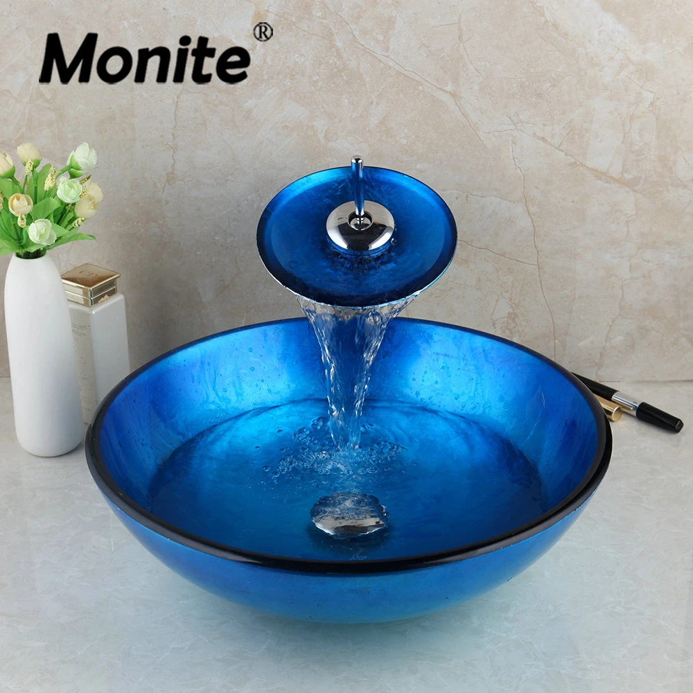 

Monite Blue Bathroom Washbasin Glass Sink Waterfall Chrome Basin Tap Hand-Painted Lavatory Bath Sink Combine Set Mixer Faucet