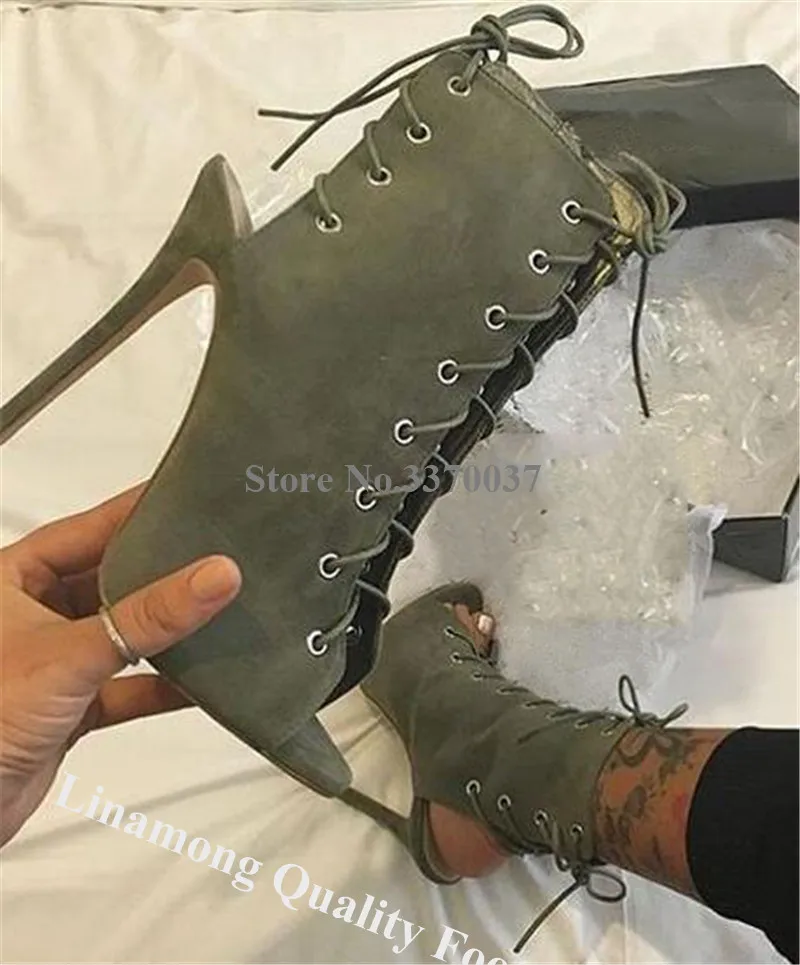 

Linamong Fashion Peep Toe Suede Leather Stiletto Heel Short Gladiator Boots Cut-out Lace-up High Heel Ankle Booties Dress Heels