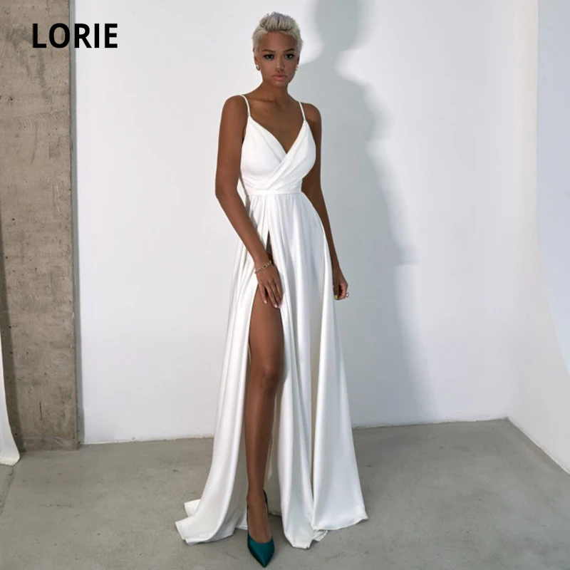 

LORIE Simple Beach Wedding Dresses V Neck Spaghetti Strap Satin High Side Split A-Line Boho Bride Gown 2021 vestidos de novia