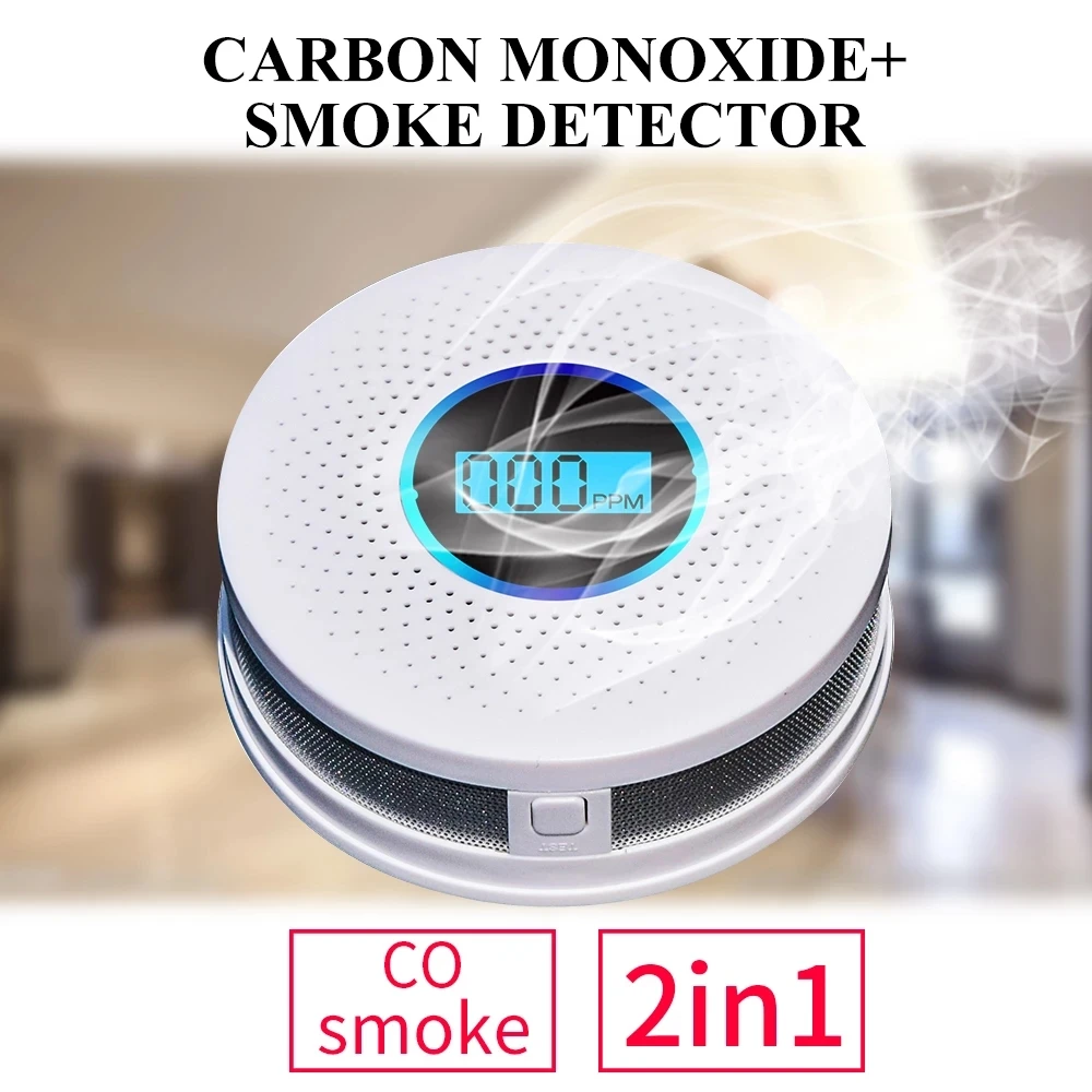 Smoke Detector & Carbon Monoxide Sensors 2 in 1 LCD Display Battery Operated CO Smoke Alarm with LED Light Flashing Sound Warn