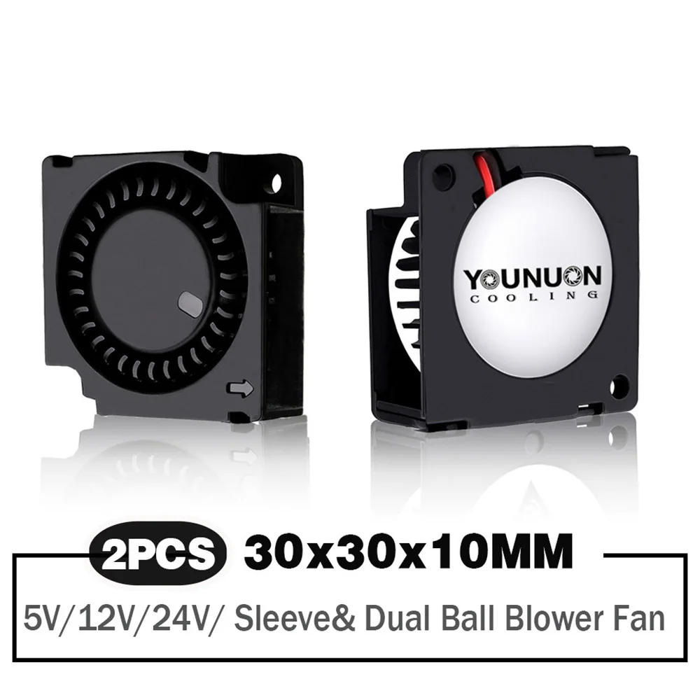 2 Pieces YOUNUON DC 5V 12V 24V 30x30x10mm Sleeve Dual Ball 1 inch Small Mini Blower Cooling Fan 30mm x 10mm 3cm 3010 3D Printer