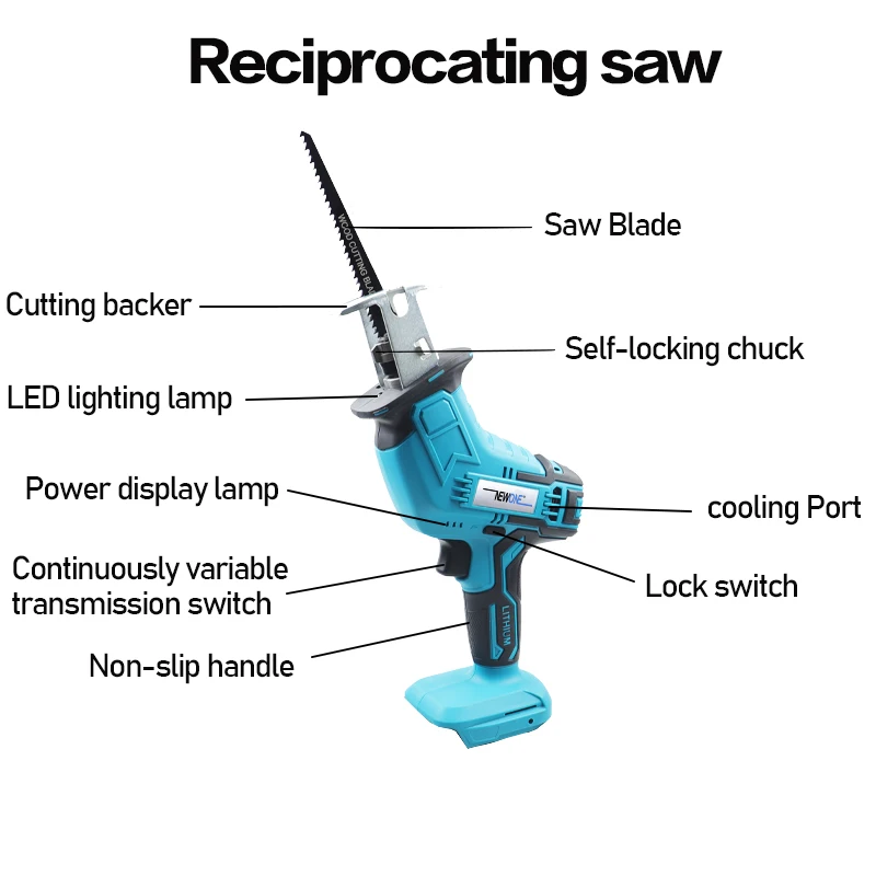 NEWONE Cordless Reciprocating Saw Compatiable With Makita 18V Battery Self-locking Chuck 10mm Stroke LED Lighting