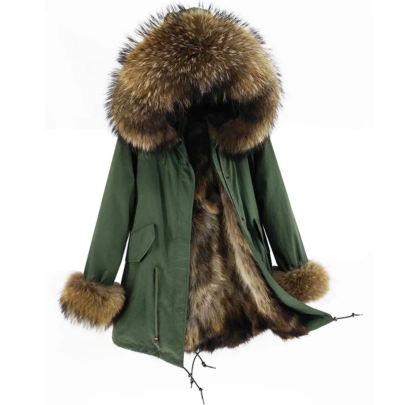 Ladies’ Pie Overcome, new coat, oversized raccoon fur collar and hooded raccoon leather lining, mid-length winter outfit