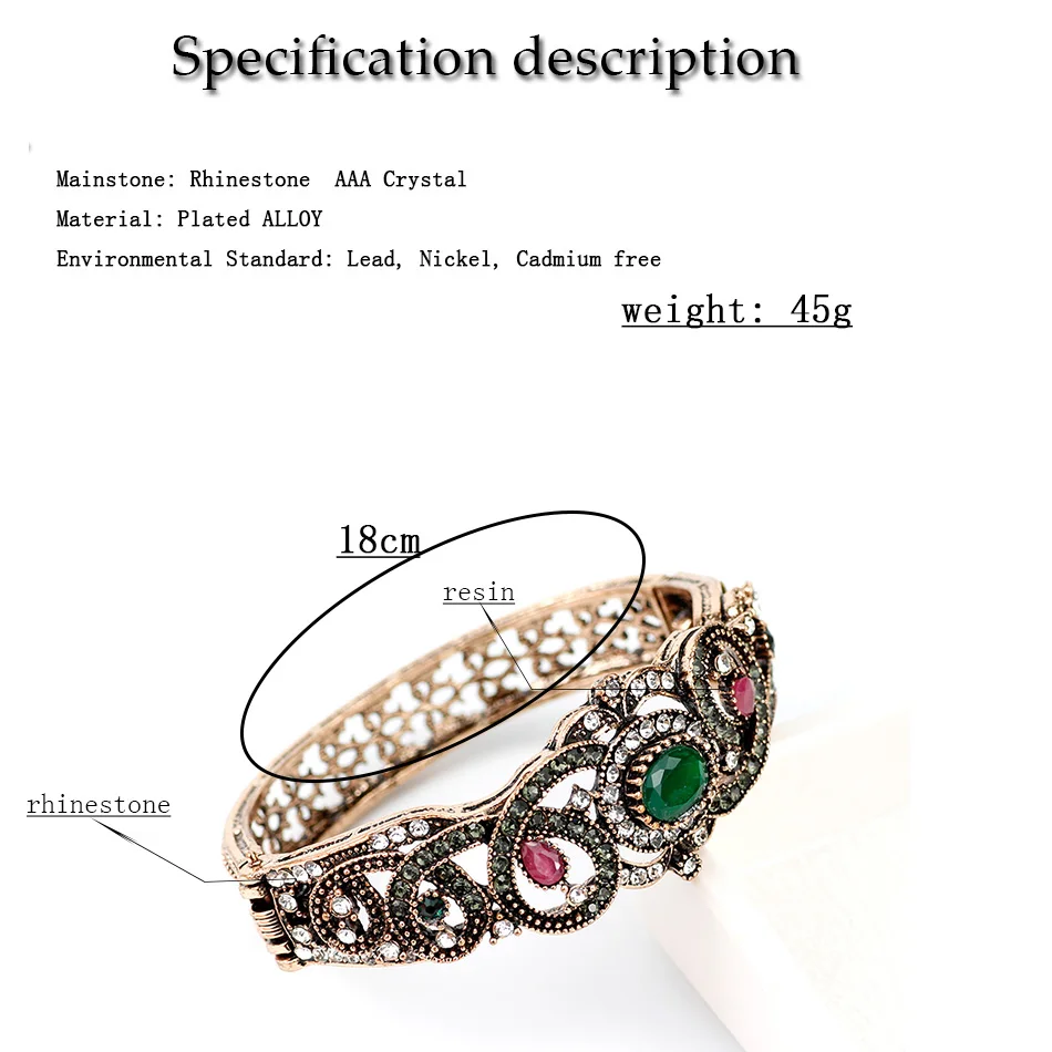 Sunspicems Retro Vintage Turkish Crystal Cuff Bracelet Antique Gold Color Ethnic Wedding Bangle Jewelry Gift