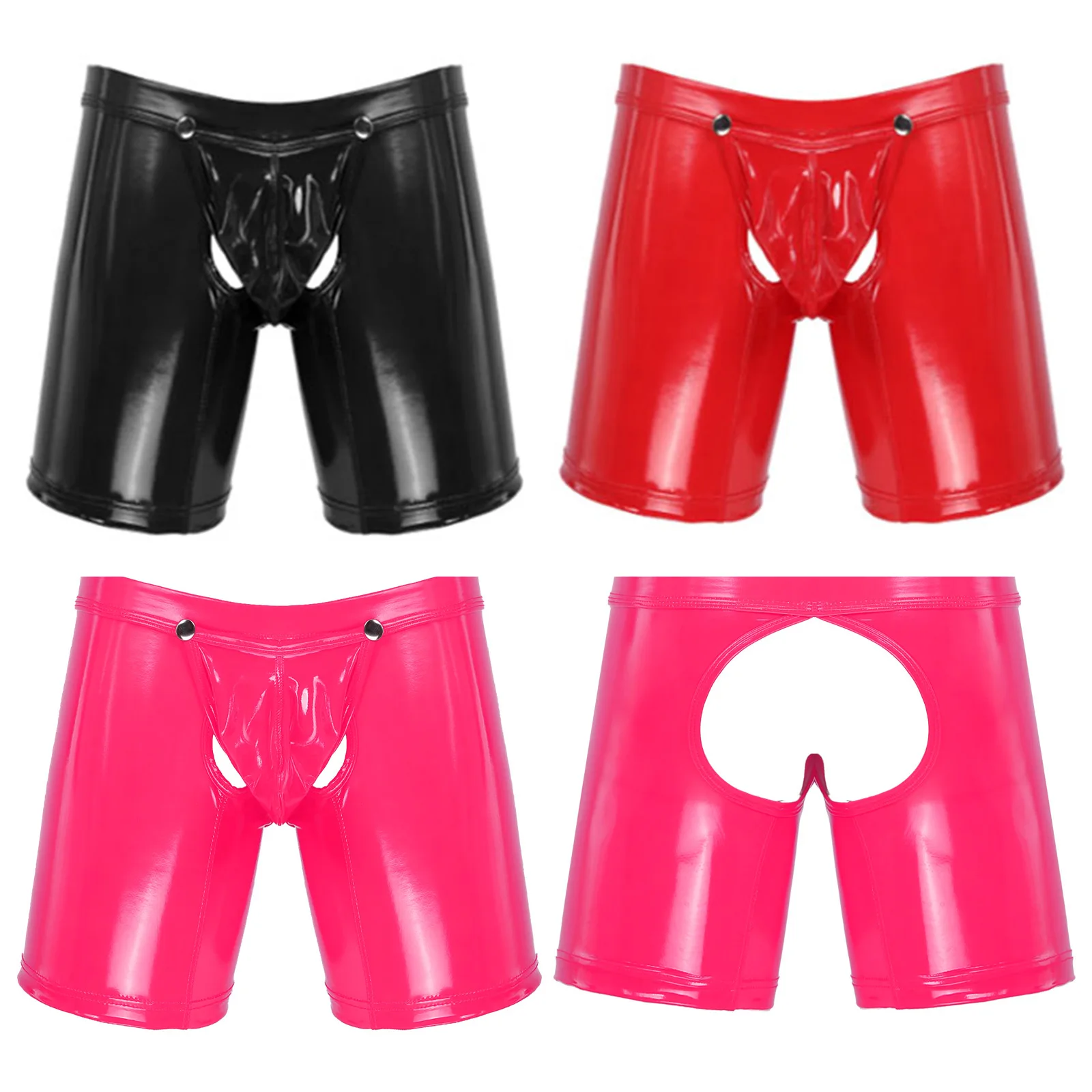 Men Underwear Shiny Metallic Latex Lingerie Erotic Open Butt Boxer Shorts Removable Bulge Pouch Shorts Underpant Boxer Underwear