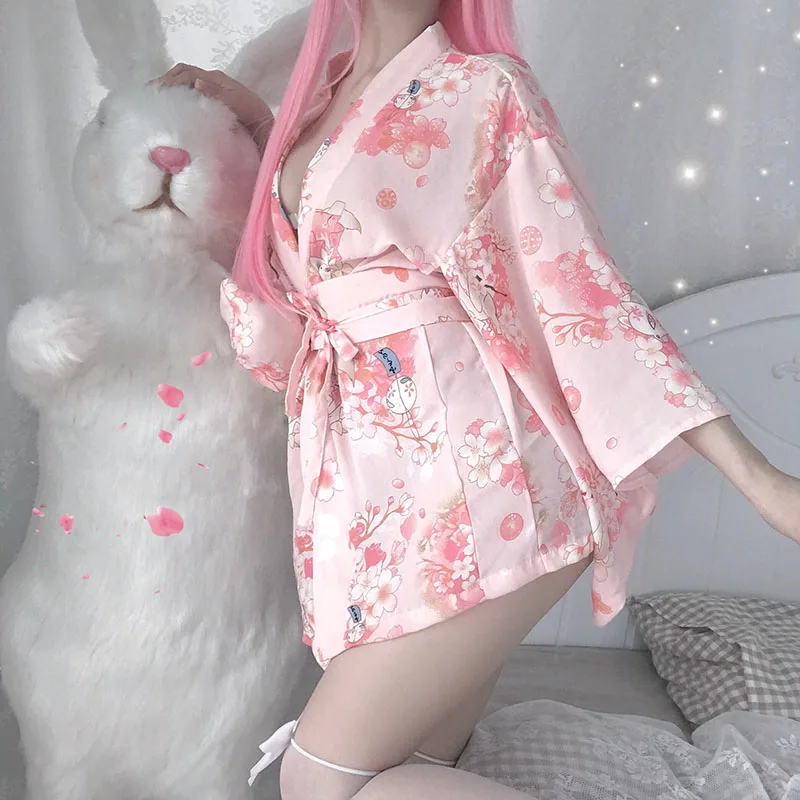 Sexy Giapponese Rosa Kawaii Kimono di Cosplay Della Biancheria Vestito Stile Tradizionale Veste Tentazione Costumi Pigiami Set Cintura Per Le Donne