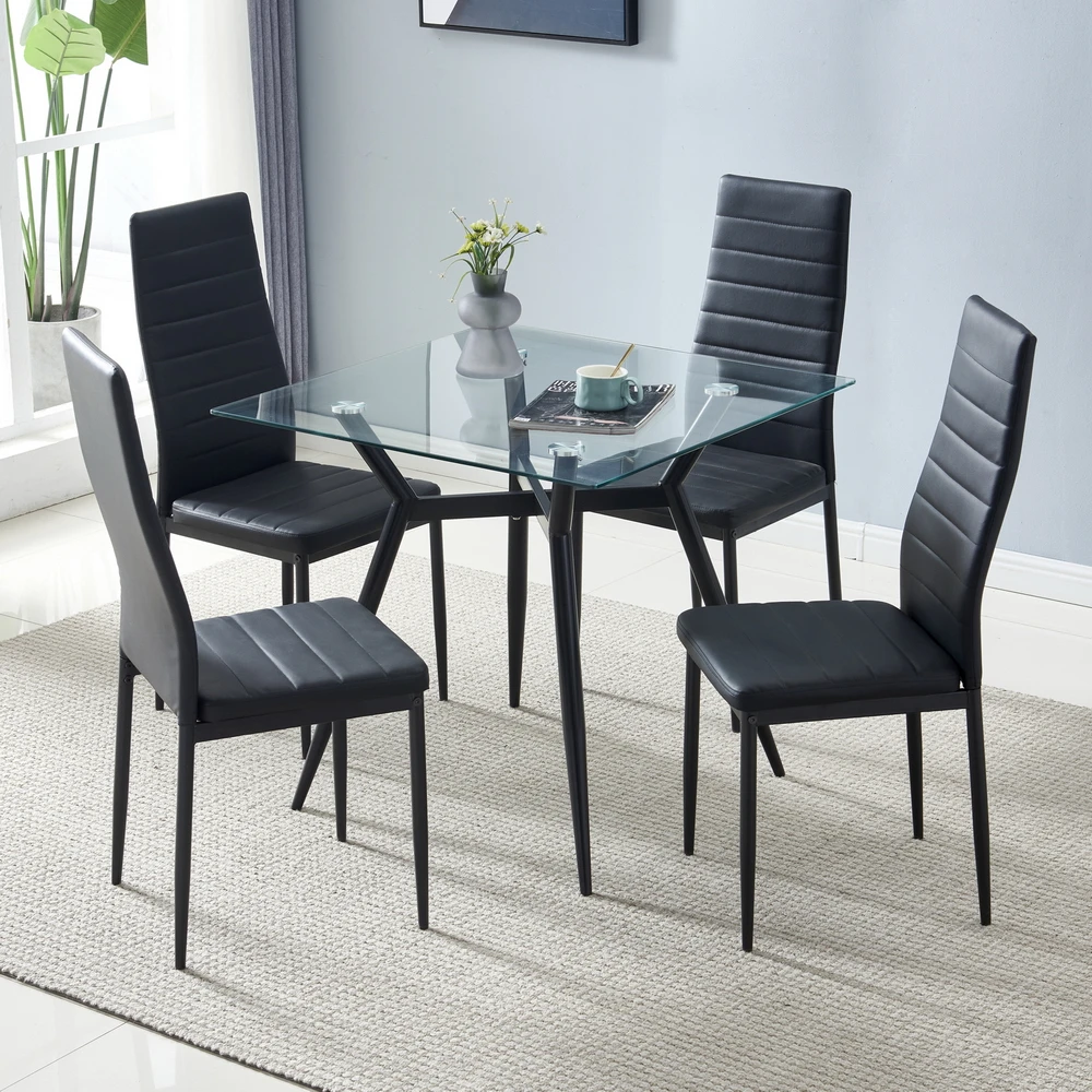 Dining Table Chairs Set Include 1 Iron Feet Square Tempered Glass Dining Table + 4 Elegant High Backrest Dining Chairs Black