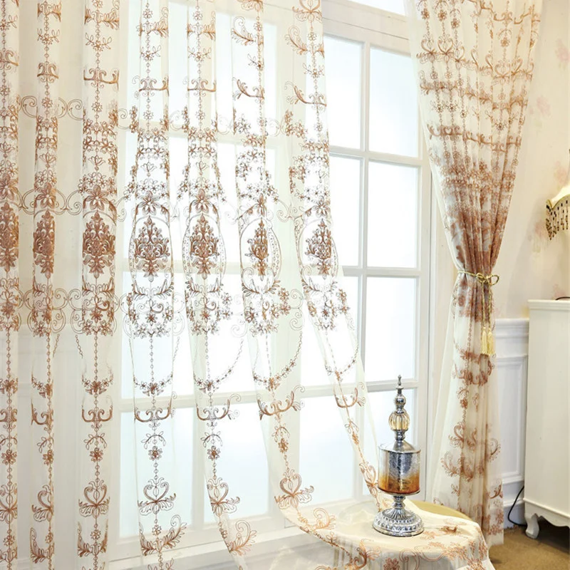 Luxury  Brown Embroidered Tulle Sheer Curtains for Living Room Bedroom Window Voile Panel Drapes