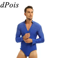 Mężczyźni Glitter z dekoltem w kształcie litery v łacińskiej taniec gimnastyka Leotard body koszula Top Man tańca towarzyskiego Tango Rumba Dancewear Halloween kostium