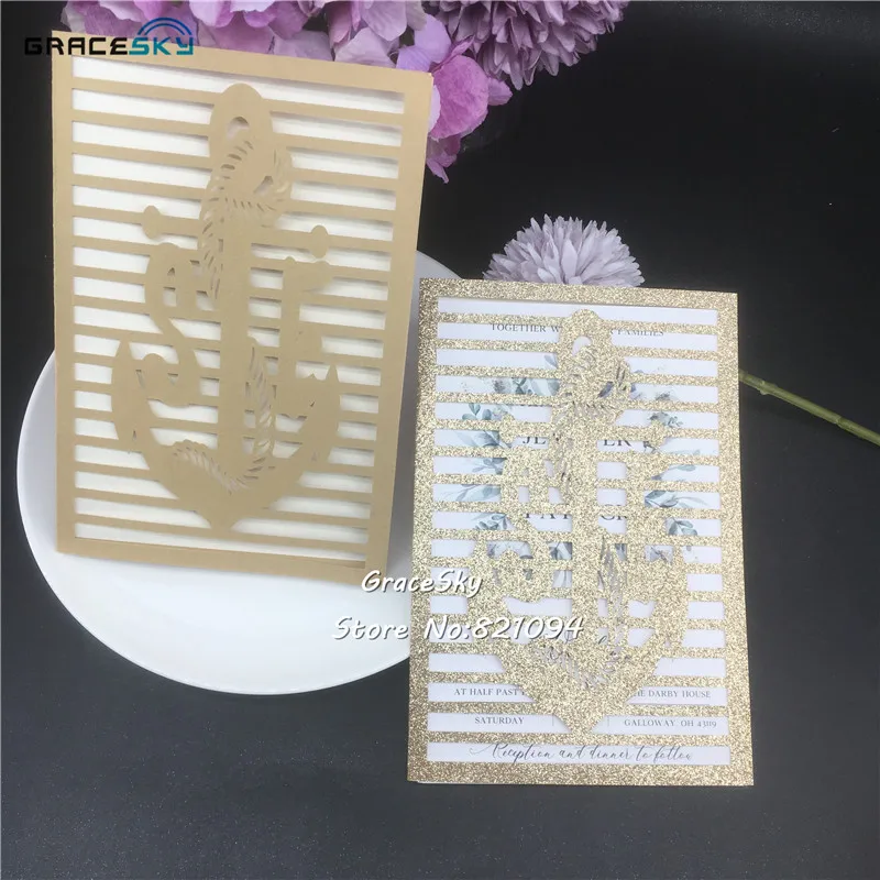 

50pcs free shipping Laser cut Glitter Nautical Anchor wedding invitations Cards,customized card for wedding invitations rsvp