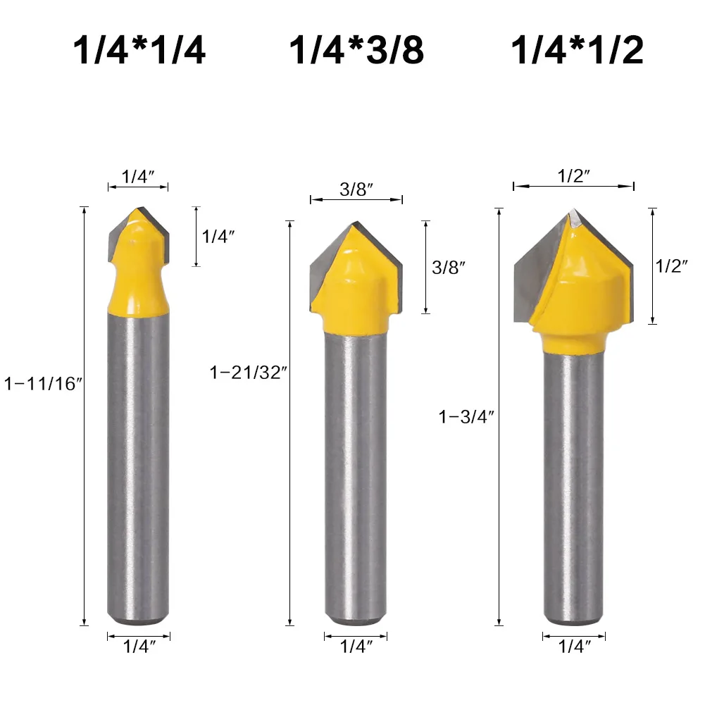 1 قطعة 1/4 "6.35 مللي متر عرقوب طحن القاطع الخشب نحت مستدير الأنف بت 90 درجة V-Groove راوتر بت مجموعة الأساسية مربع لأعمال النجارة