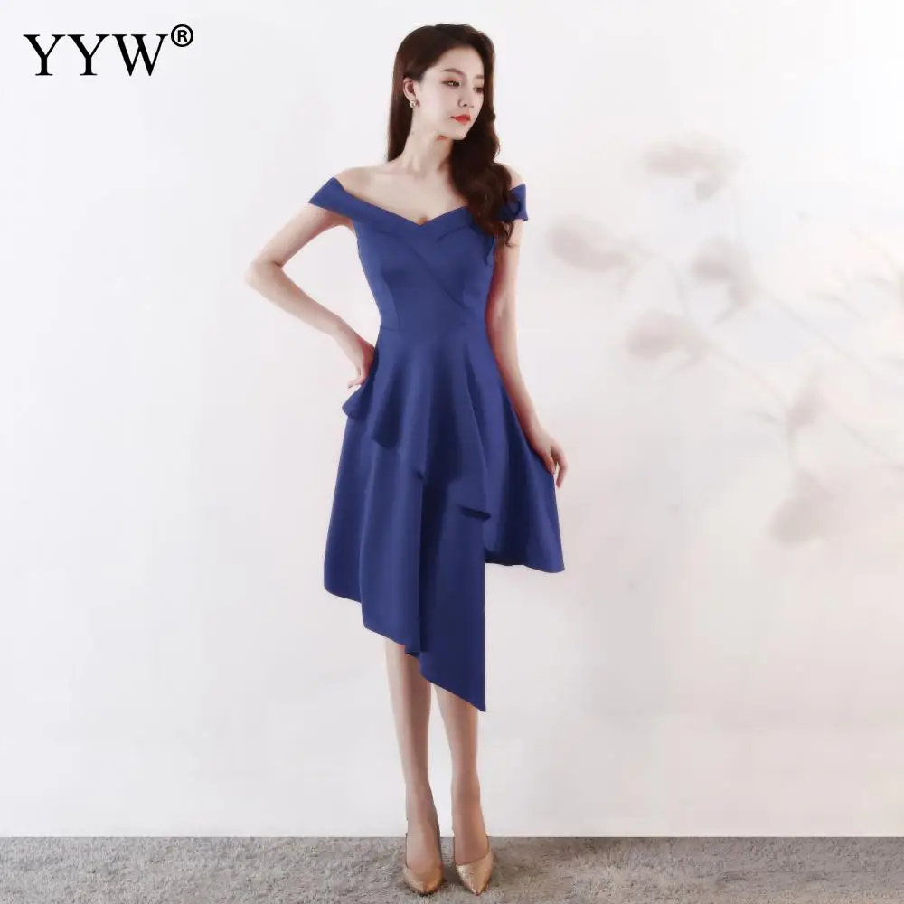 Cotton Ôm Vai Ngắn Dạ Hội Không Đều Rủ Rắn Sinh Nhật Tiệc Cocktail Đầu Gối Chiều Dài Thanh Lịch Abendkleider