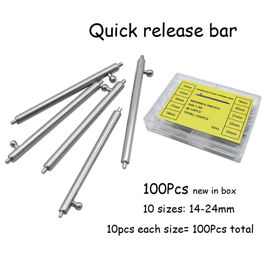 100PCS Stainless Steel Quick Release Spring Pins for Watch Band Watch Repair Tool Strap Pins Bar 14 15 16 17 18 19 20 21 22 24mm