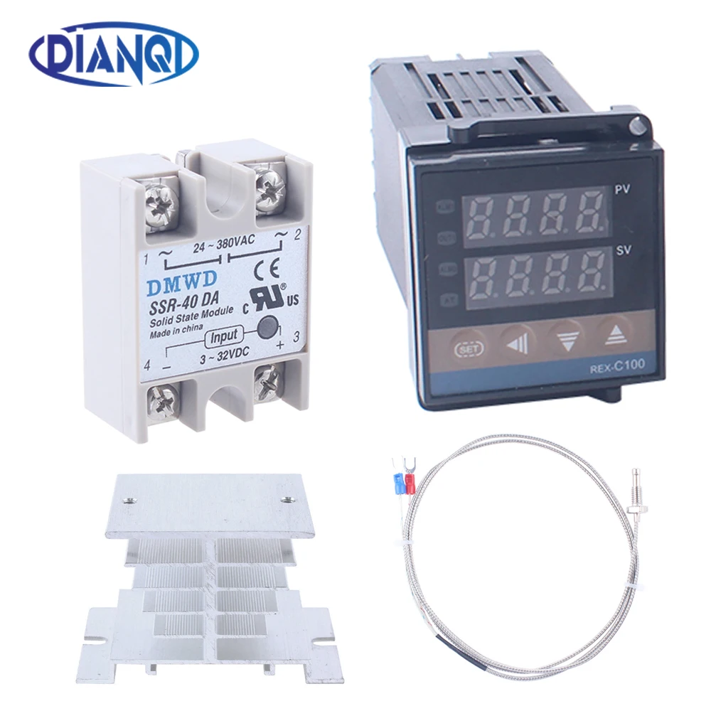 REX-C100 Digital PID Temperature Controller Thermostat SSR/Relay Output K Thermocouple Probe RexC-100 SSR-40DA Heat Sink