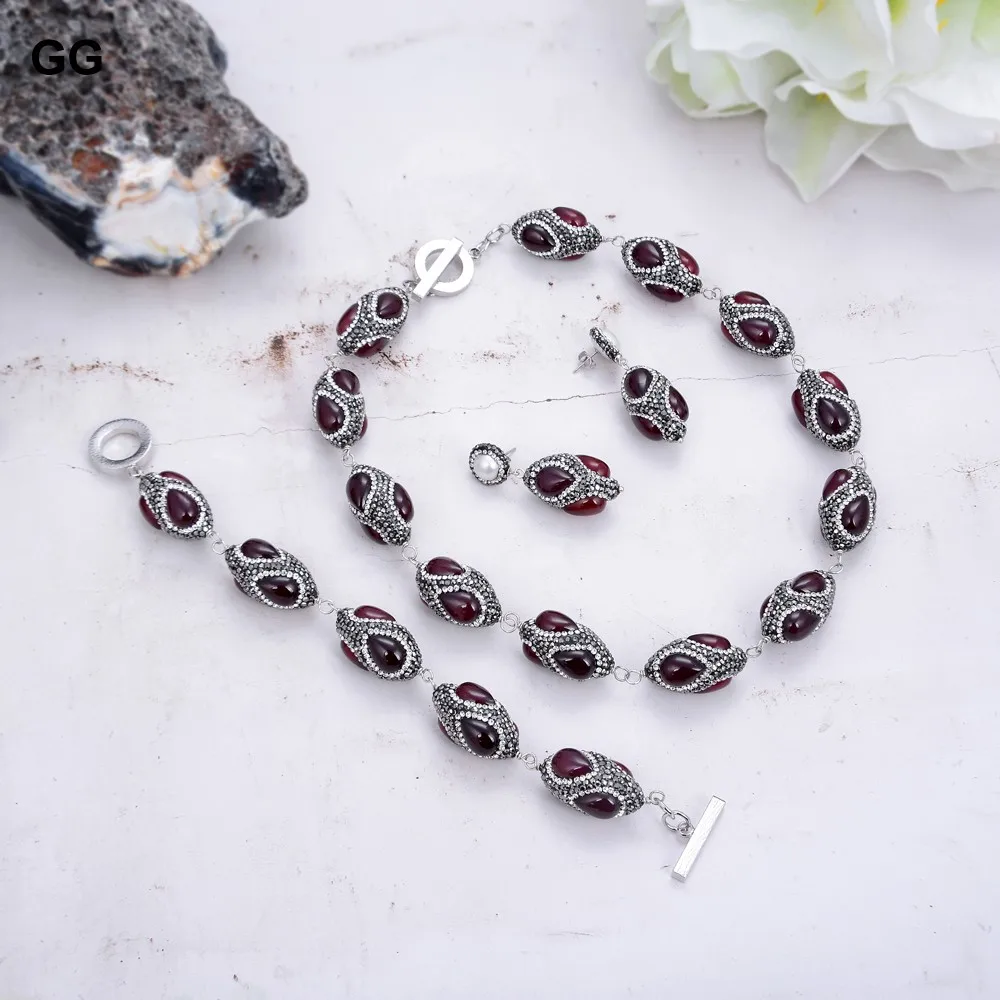 GuaiGuai Jewelry Natural Red Agates Black Rhinestone Necklace Bracelet Earrings