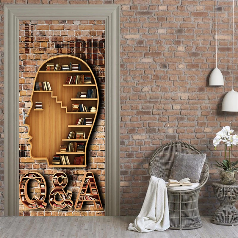 PVC Self-adhesive Door Sticker Vintage Creative Bookshelf Wallpaper Mural For Living Room Door Home Decor Decal Papel De Parede