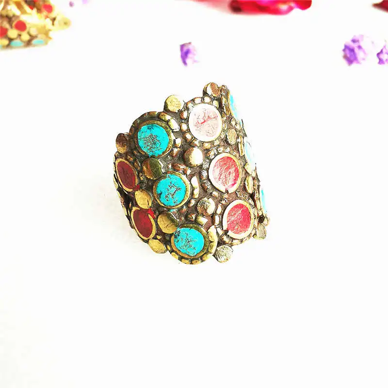 Nepal Vintage Jewelry Brass Inlay Colorful Stone Golden Finger Ring for Lady R028