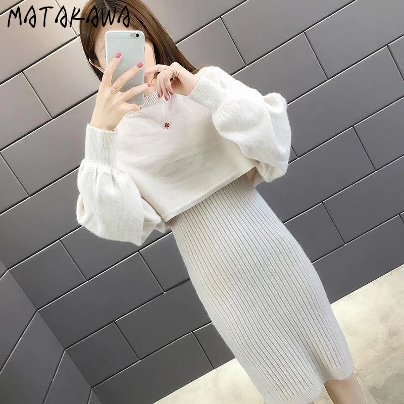 Matakawa Two Piece Set Women Fashion Solid Sexy Y2k Long Sleeve Short Sweater+spaghetti Strap Slim Waist Elegant Kintted Dress