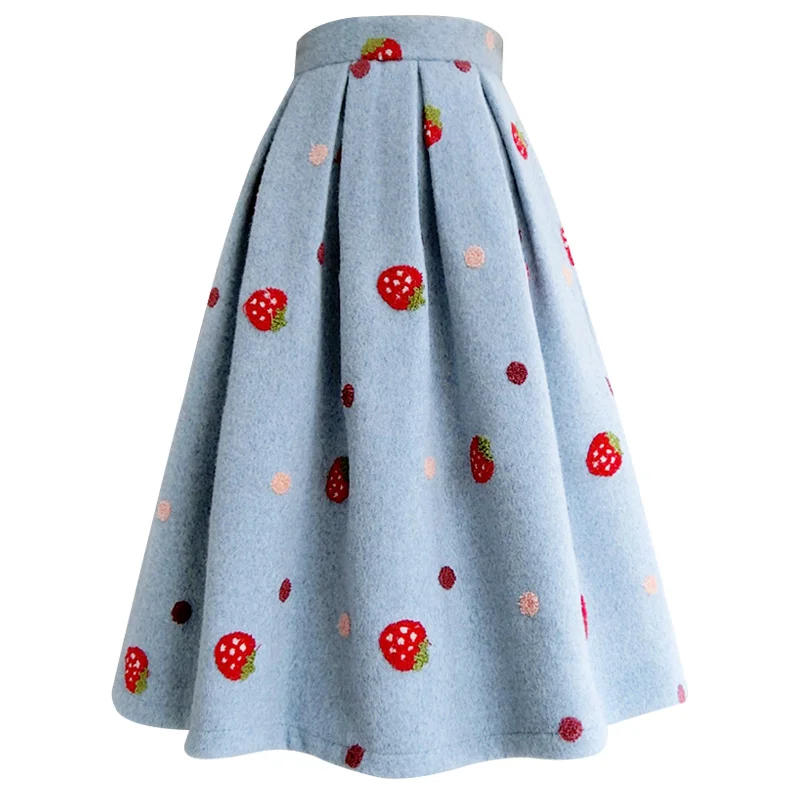 

Autumn winter strawberry embroidered woolen umbrella skirt women thick high waist ball gown skirt